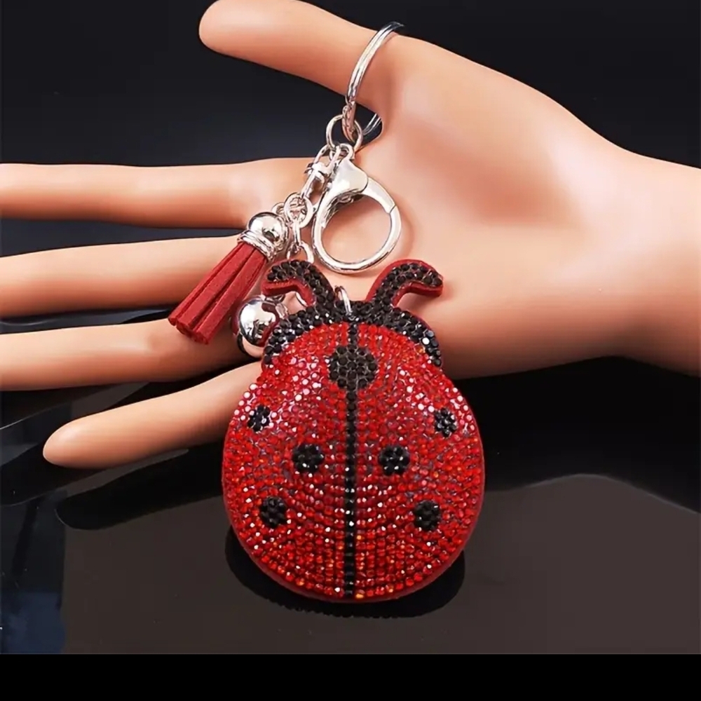Ladybug Rhinestone Purse Charm Silver with Tassel - Picture 2 of 5